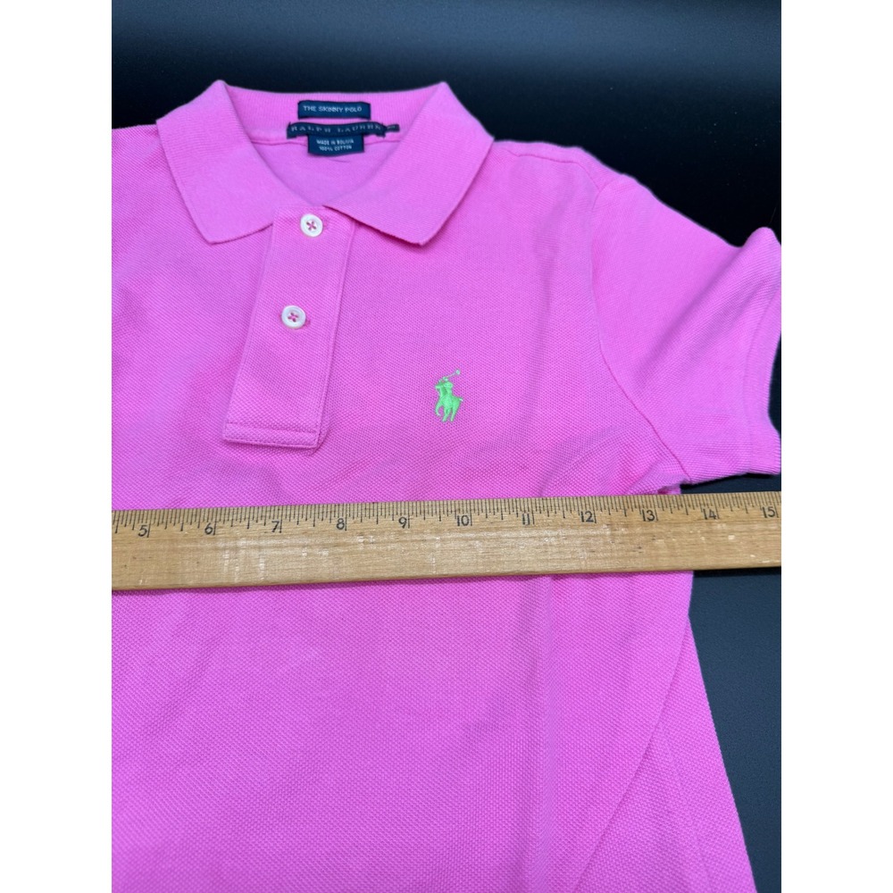 Ralph Lauren The‎ Skinny Polo Shirt Pink Cotton Mesh Lime Green Pony XS - Picture 4 of 8